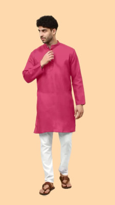 HouseOfCommon Men Solid A-line Kurta(Pink)