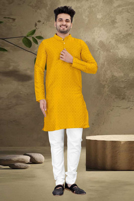 Vajira Fashion Men Self Design Straight Kurta(Yellow)
