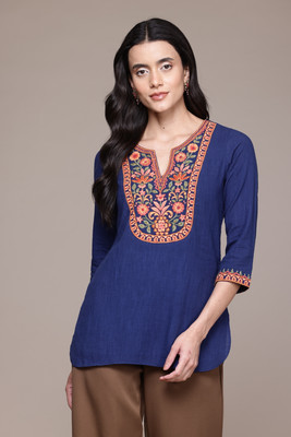 aarke Ritu Kumar Women Embroidered Straight Kurta(Blue)