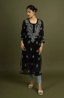 ZA chikankari Women Chikan Embroidery Straight Kurta(Black)