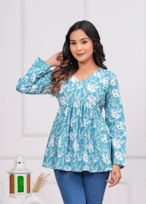 kipek Women Printed Cape Top Kurta(Light Blue)