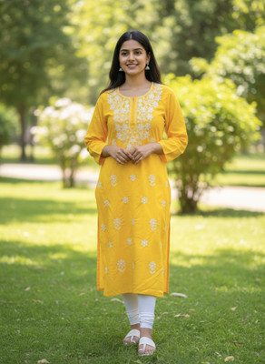 Fashionkart Women Embroidered Straight Kurta(Yellow)