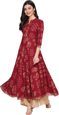 Edhitha Women Geometric Print Flared Kurta(Maroon)