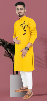 Darckchil Fab Men Printed Straight Kurta(Yellow)