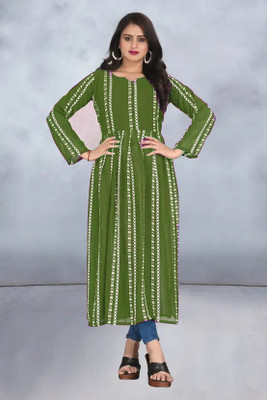 JM Women Striped Straight Kurta(Green)