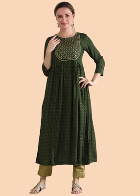 Fashion With Natur Women Embroidered Flared Kurta(Green)