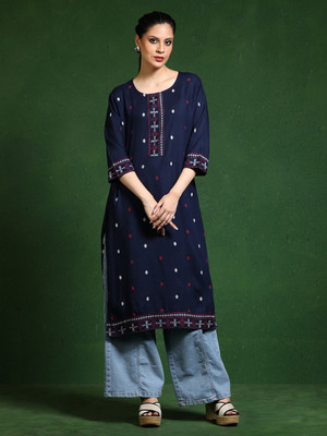 Jaipur Kurti Women Embroidered Straight Kurta(Dark Blue)