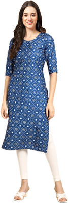 EthnicBasket Women Printed Straight Kurta(White, Blue)