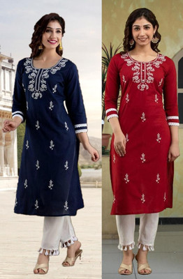 vikshi Women Chikan Embroidery Straight Kurta(Multicolor)
