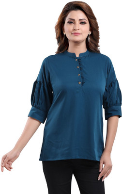 Anmi Peacock Blue Color Poly Crepe Office Wear Short Tunic Top Solid Women Straight Kurta(Dark Green)