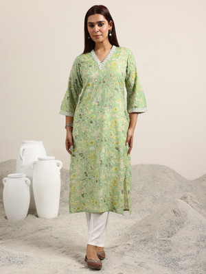 LIBAS Women Printed Straight Kurta(Green)