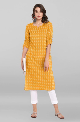 MON Women Printed Straight Kurta(Yellow)