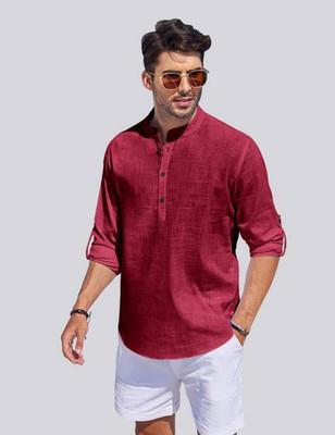 FRELURO Men Solid Straight Kurta(Maroon)