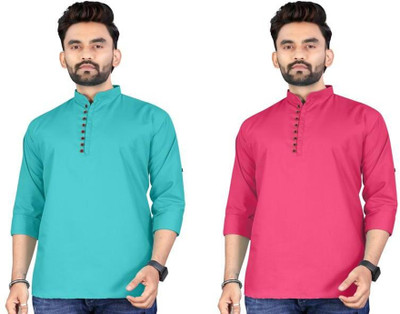 UNIQUE MOMENTS Men Solid Asymmetric Kurta(Pink, Green)