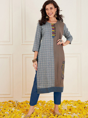 ANOUK Women Floral Print Straight Kurta(Grey)