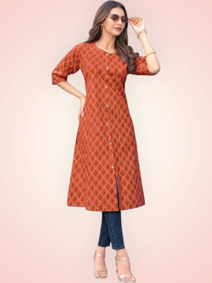 ABHI FAB Women Printed Straight Kurta(Orange)