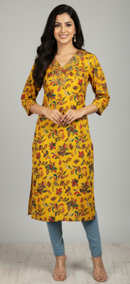 IQQA AZZU FASHIONS Women Floral Print, Embellished A-line Kurta(Multicolor, Gold, Yellow)
