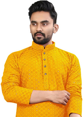 click n buy Men Embellished Straight Kurta(Yellow)