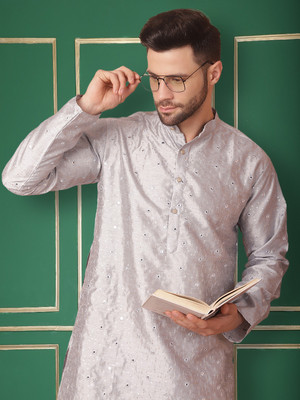 Jompers Men Embroidered Straight Kurta(Grey)