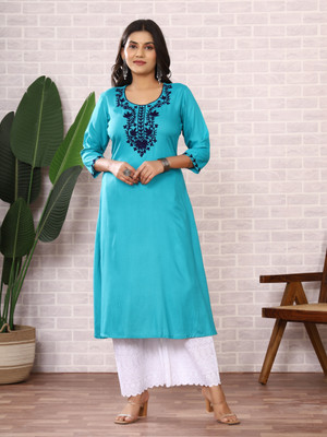 Siddiqa Creation Women Embroidered A-line Kurta(Blue)