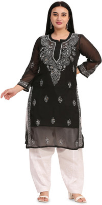Chikankari by zainab Women Chikan Embroidery Straight Kurta(Black)