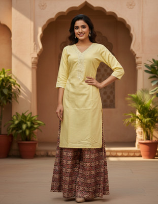 Boho Boutique Women Chikan Embroidery A-line Kurta(Yellow)