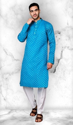 das saree Men Printed Straight Kurta(Light Blue)