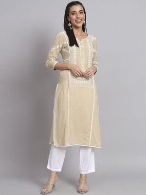 ANOUK Women Embroidered Straight Kurta(Beige)