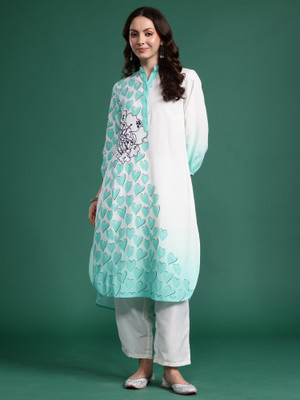 Indo Era Women Printed A-line Kurta(Light Green, White)