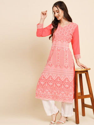 vairagee Women Embroidered Straight Kurta(Orange)
