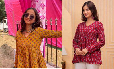 ARZOO Women Floral Print Flared Kurta(Orange, Maroon)