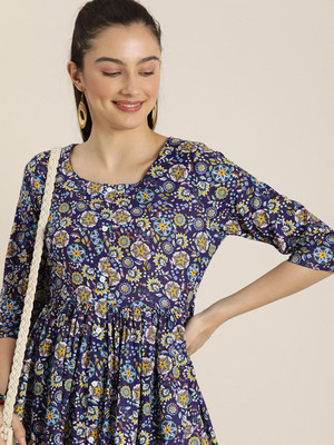 Sangria Women Floral Print A-line Kurta(Blue)
