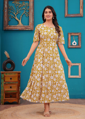KUnzkes Women Printed Anarkali Kurta(Yellow)