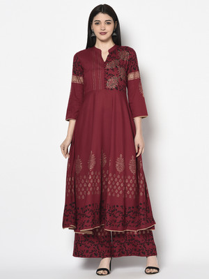 Aniyah Women Block Print Anarkali Kurta(Maroon)