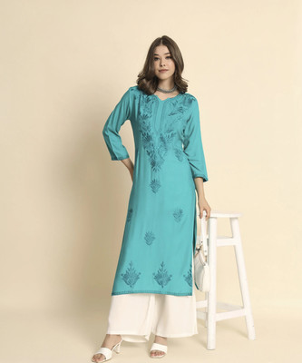 EKASYA Women Embroidered Straight Kurta(Blue)