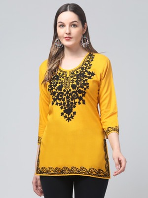 FamBee Women Embroidered Straight Kurta(Yellow)
