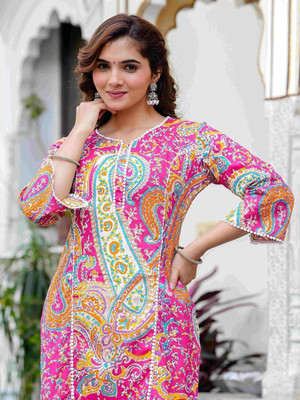 QUEENSFAB Women Printed Pakistani Kurta(Pink)