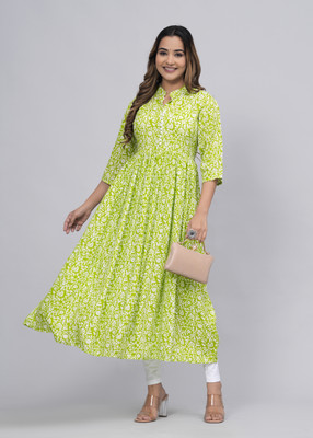 poojaclothing Women Printed Anarkali Kurta(Green, White)