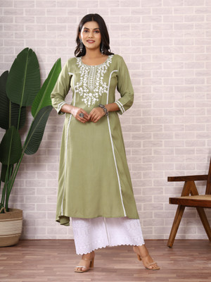 RANI FAB TEX Women Embroidered A-line Kurta(Light Green)