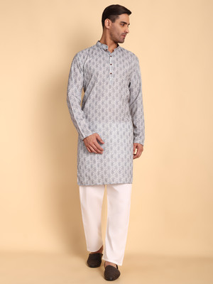 Vardha Men Geometric Print Trail Cut Kurta(Grey)