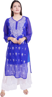 ADR CHIKANKARI Women Embroidered, Embellished Straight Kurta(Blue)
