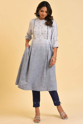 W Women Embroidered A-line Kurta(Grey, Dark Blue)