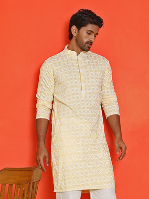 Jompers Men Embroidered Straight Kurta(Yellow)
