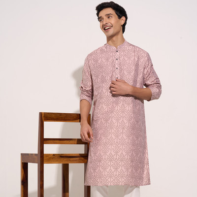 Indus Route by Pantaloons Men Solid A-line Kurta(Pink)