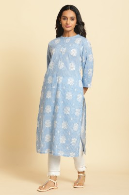 W Women Geometric Print Straight Kurta(Blue)