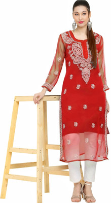 SMAfashion Women Chikan Embroidery Straight Kurta(Red)