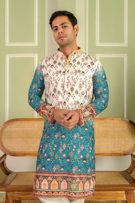 LEMONX Men Printed Straight Kurta(Blue)