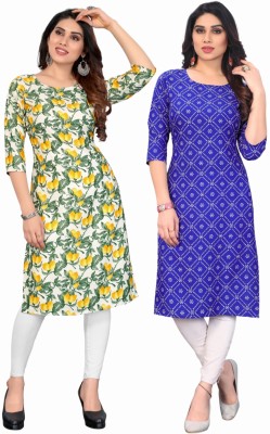 MARIDI FASHION Women Printed Straight Kurta(Yellow, Blue)