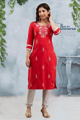 vikshi Women Embroidered Straight Kurta(Red)
