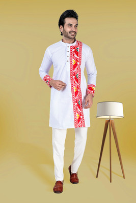 FRANSCART Men Self Design Straight Kurta(White, Red)